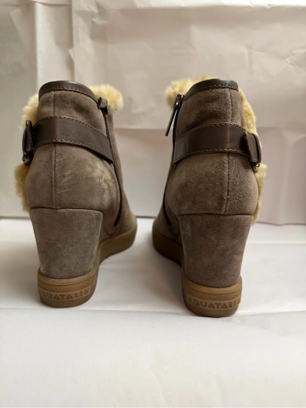 Aquatalia Taupe Suede Fur-Trim Ankle Boots